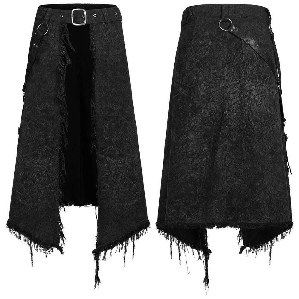 Men's textured gothic kilt with adjustable belt and distressed finish, perfect for a bold, stylish look.