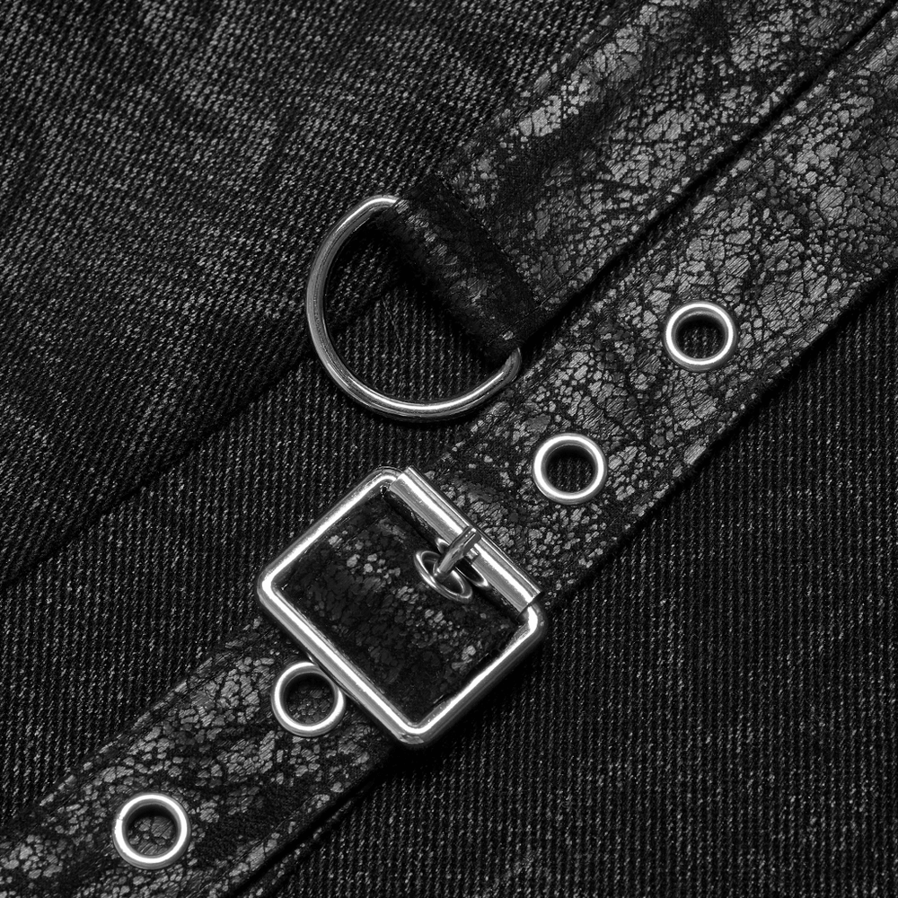 Close-up of adjustable belt on men's textured gothic kilt with stylish buckle and detailing.