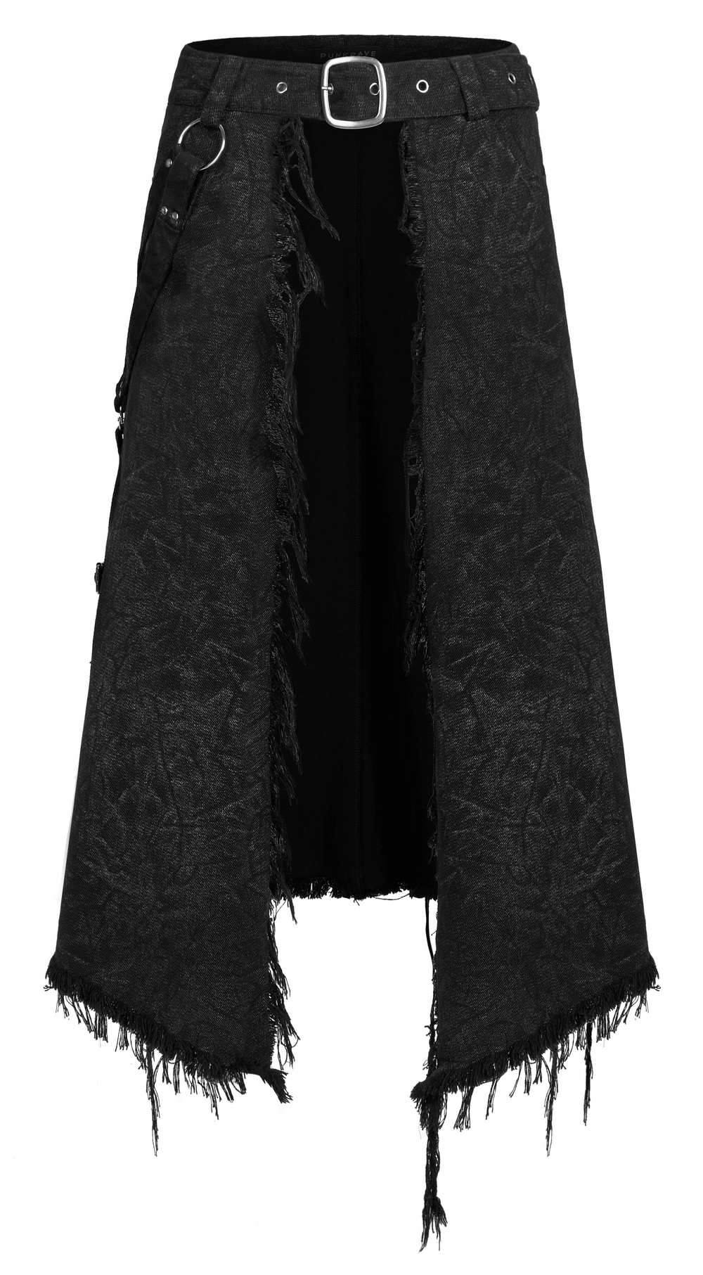 Men's textured gothic kilt with adjustable belt and distressed finish for a unique, rugged look.