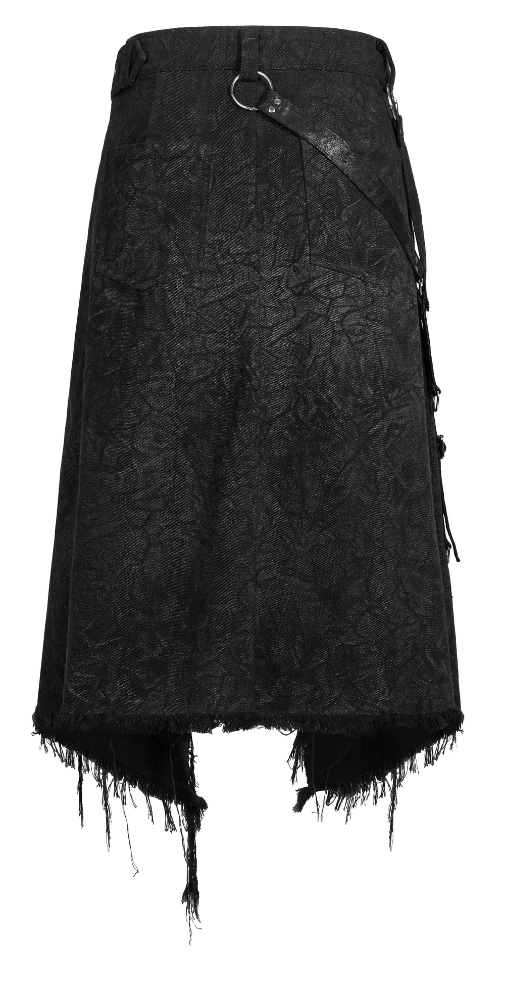 Men's textured gothic kilt with adjustable belt and distressed finish, perfect for edgy style.