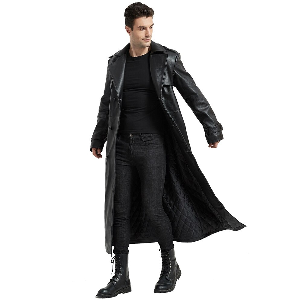 Men's Ultra Long Leather Coat with Belted / Male Double Breasted Trench Coats - HARD'N'HEAVY