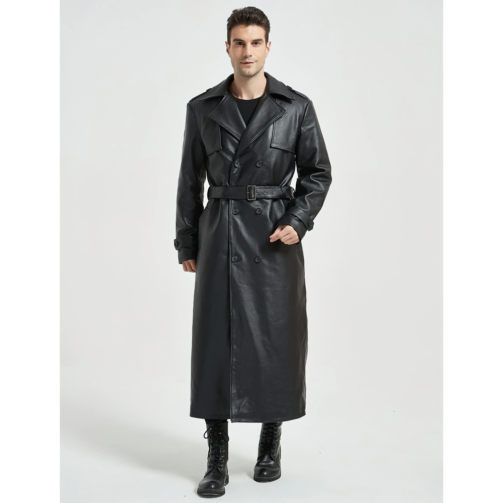 Men's Ultra Long Leather Coat with Belted / Male Double Breasted Trench Coats - HARD'N'HEAVY