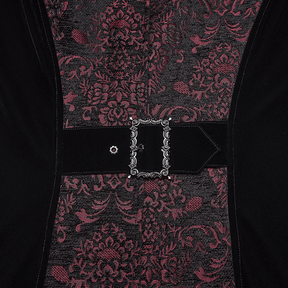 Men's Velvet Long Coat with Gothic Embroidery Details featuring ornate patterns and a stylish belt.