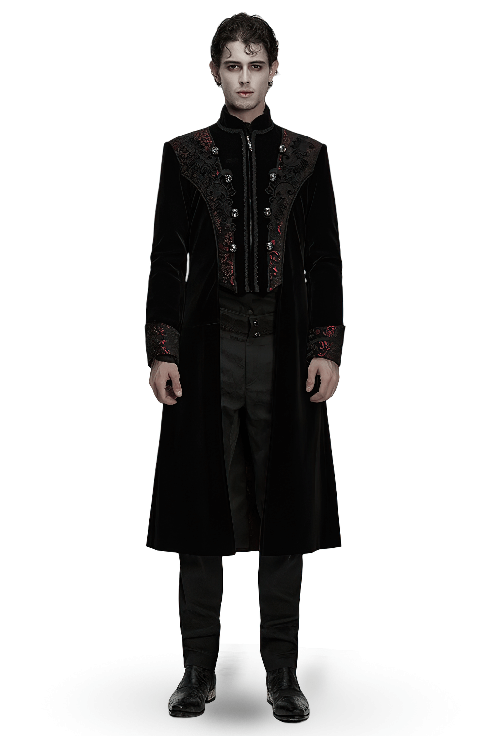 Men's Velvet Long Coat with Gothic Embroidery Details, elegant goth style with ornate patterns and glossy buttons.