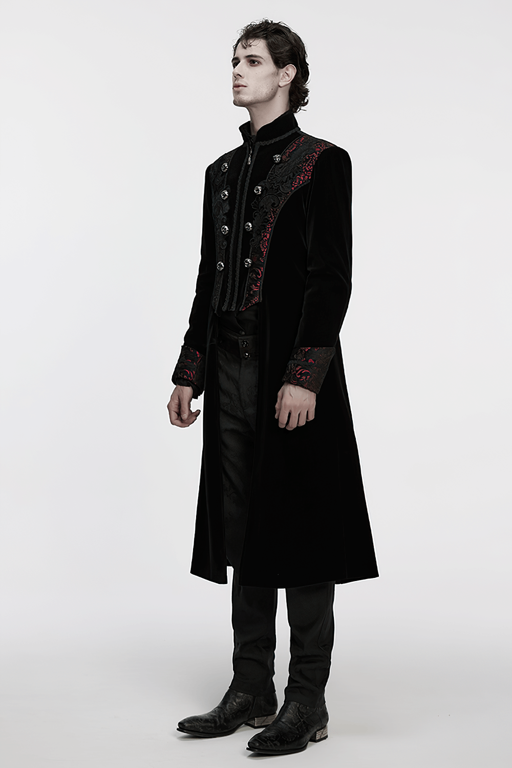 Men's Velvet Long Coat with Gothic Embroidery Details displayed on a model in a stylish pose.