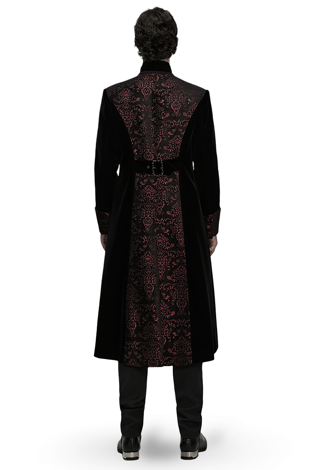 Men's Velvet Long Coat with Gothic Embroidery Details showcasing its elegant back design and ornate patterns.
