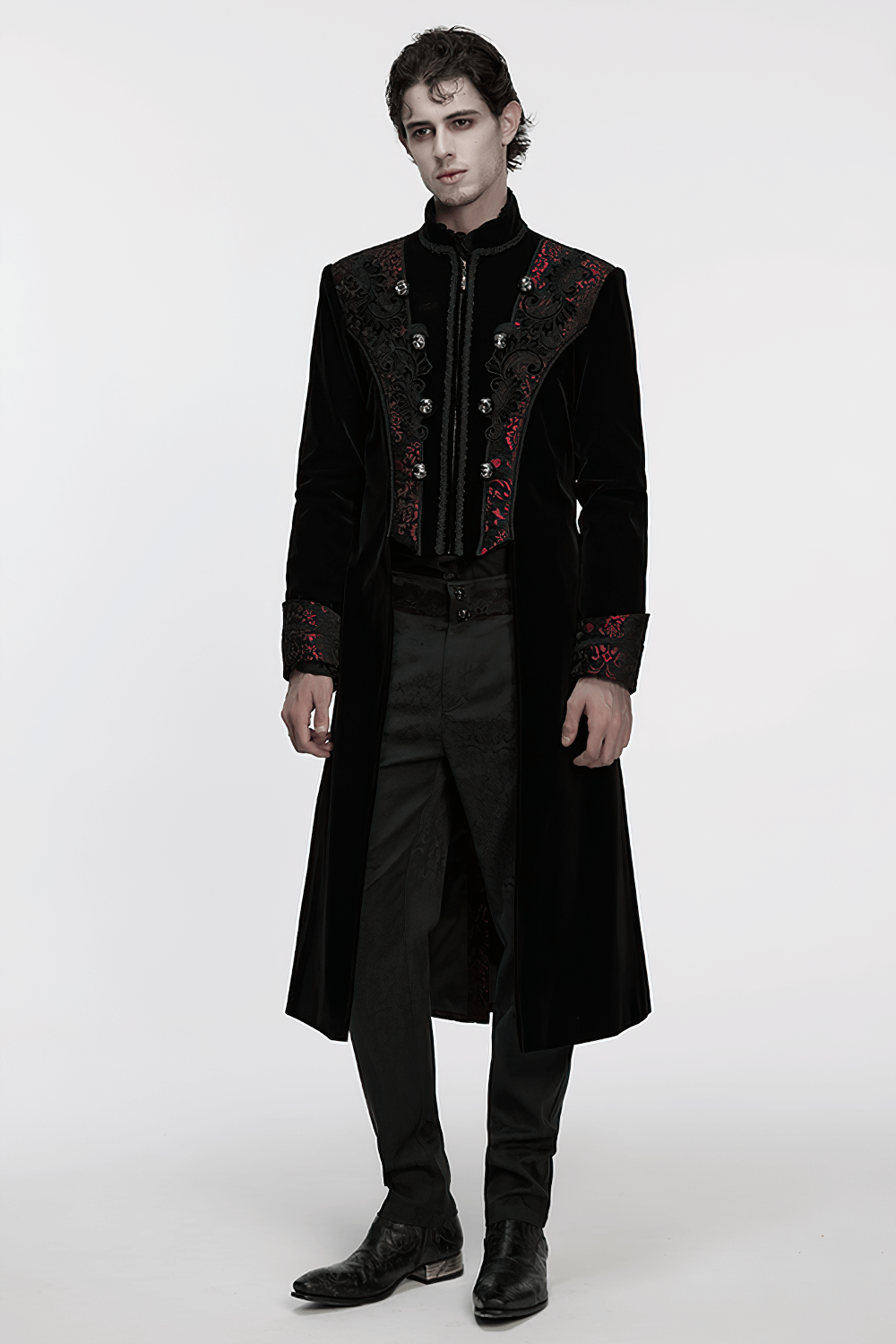 Men's Velvet Long Coat with Gothic Embroidery Details styled with ornate chest designs and glossy buttons.