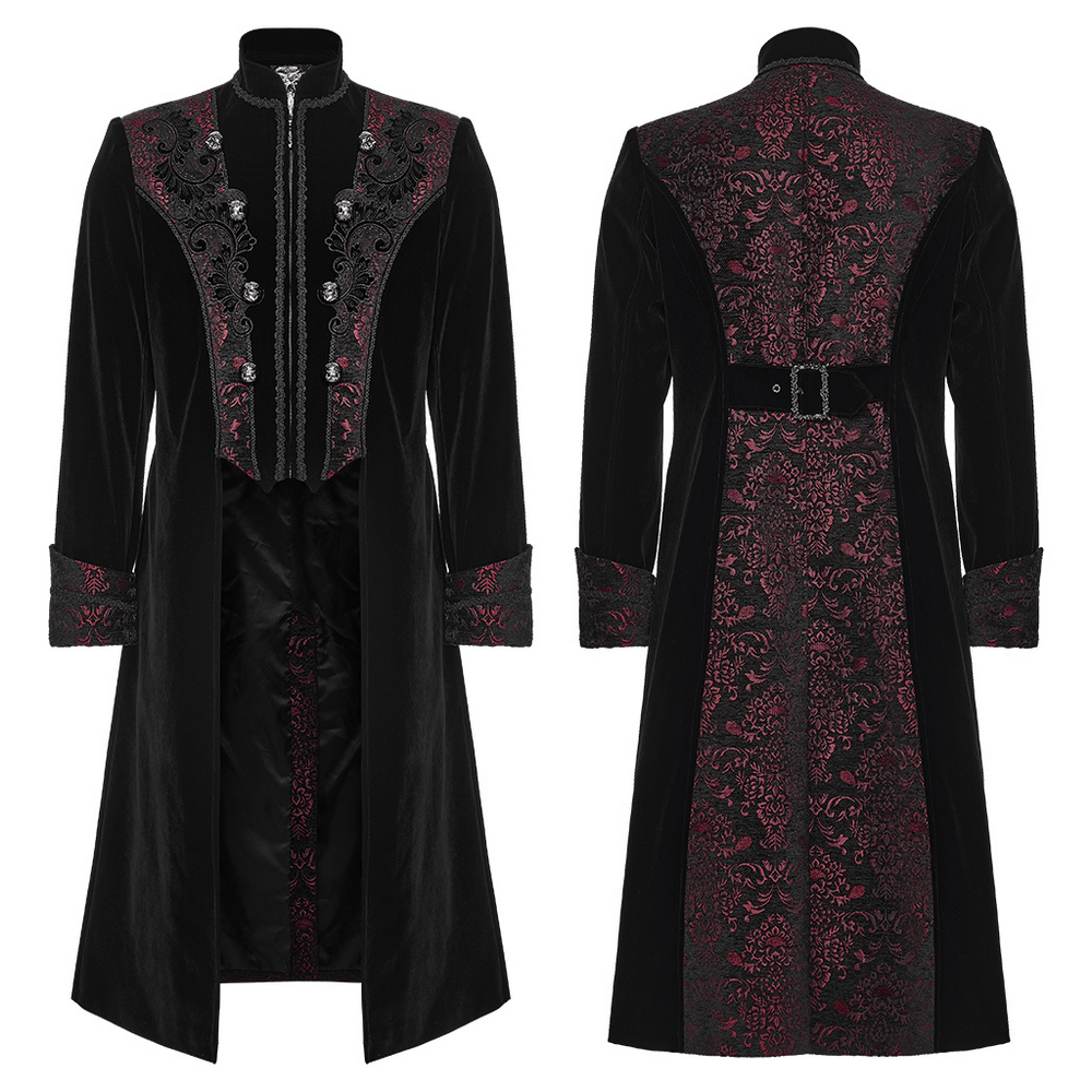 Men's Velvet Long Coat with Gothic Embroidery Details featuring intricate designs and a sophisticated silhouette.