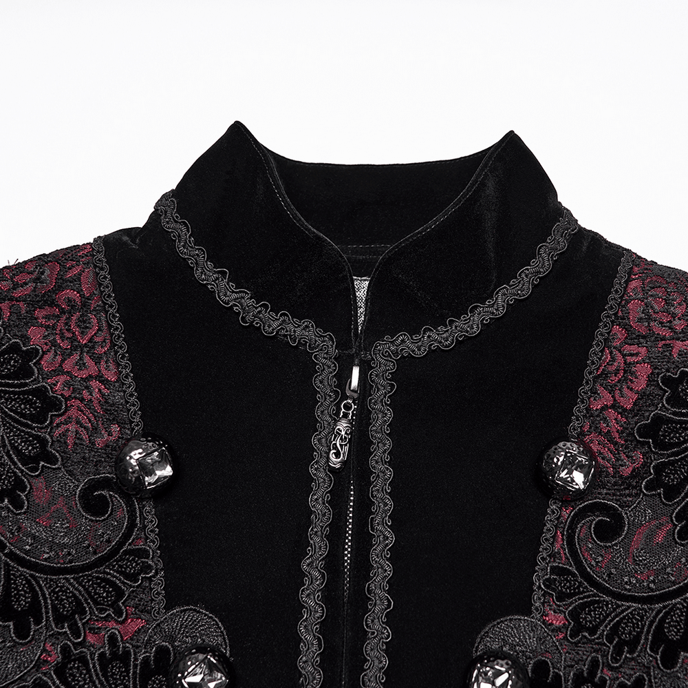 Men's Velvet Long Coat with Gothic Embroidery Details showcasing ornate black and red embroidery and glossy buttons.