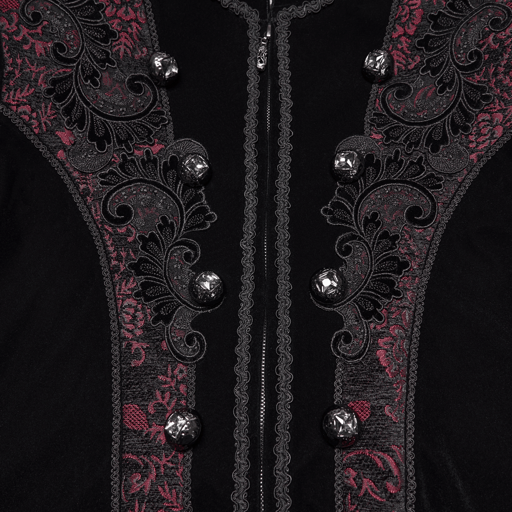 Men's Velvet Long Coat with Gothic Embroidery Details featuring ornate chest embroidery and glossy buttons.