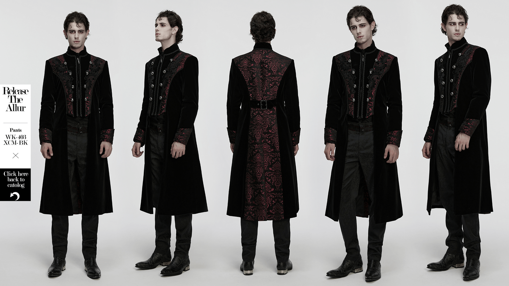 Men's Velvet Long Coat with Gothic Embroidery Details displayed from multiple angles, showcasing elegant design and ornate embroidery.