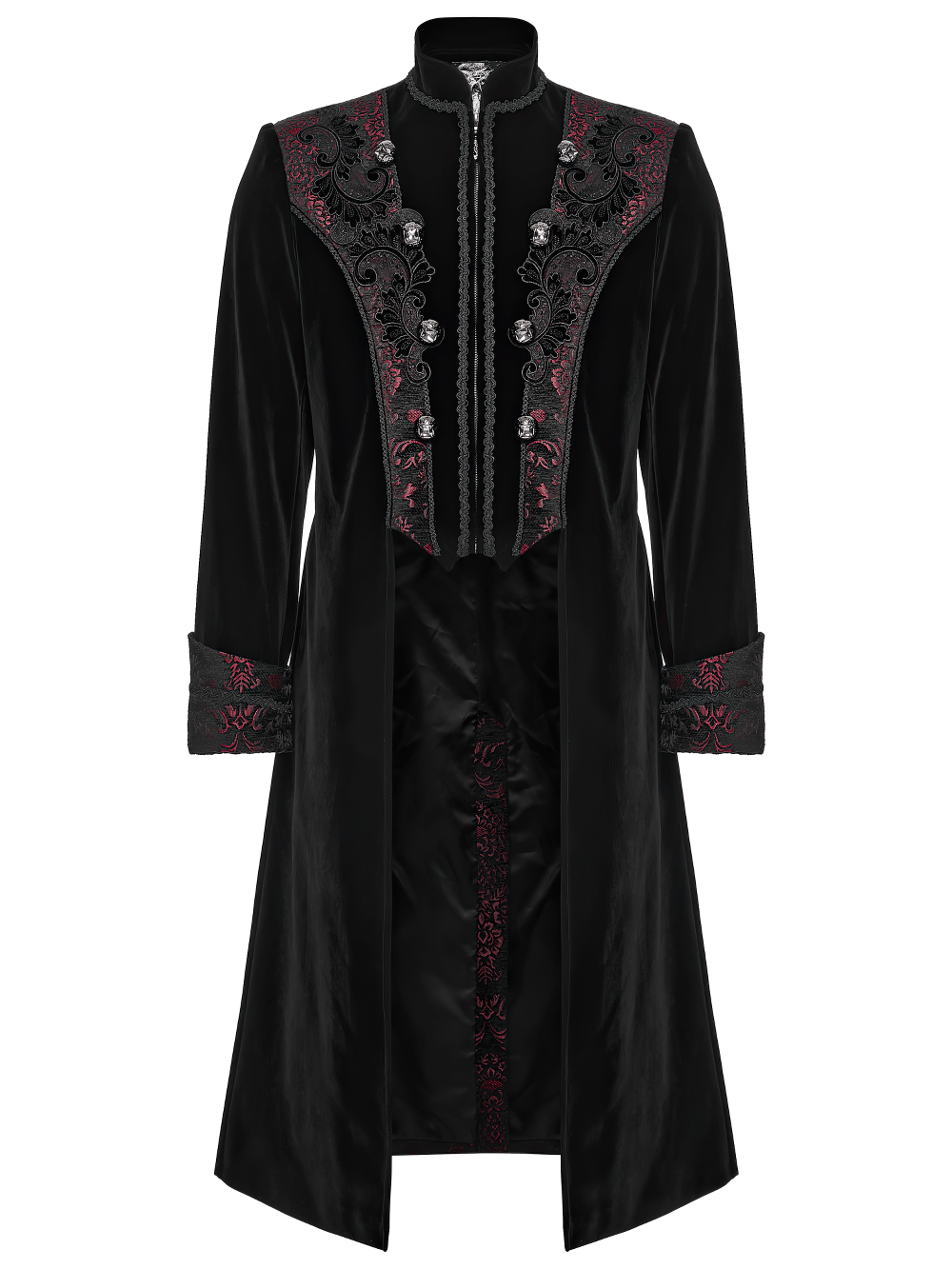 Men's Velvet Long Coat with Gothic Embroidery Details featuring ornate patterns and glossy buttons.