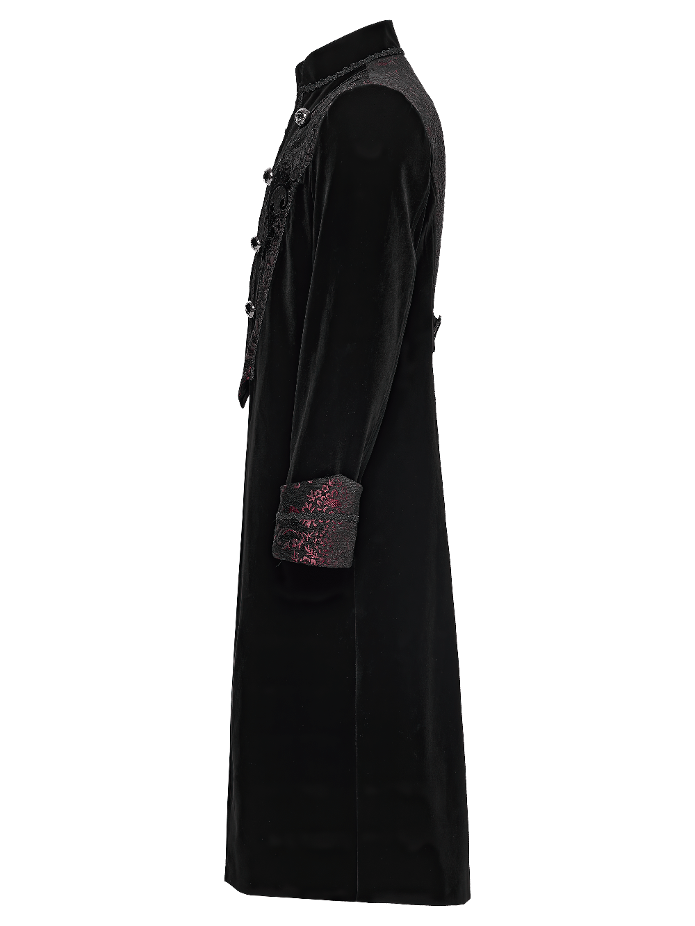 Men's Velvet Long Coat with Gothic Embroidery Details side view showcasing ornate embroidery and elegant design.