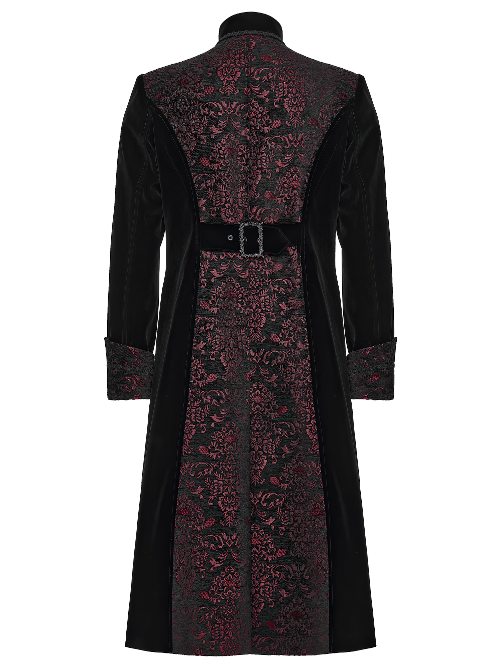 Men's Velvet Long Coat with Gothic Embroidery Details showcasing elegant back design and ornate detailing.