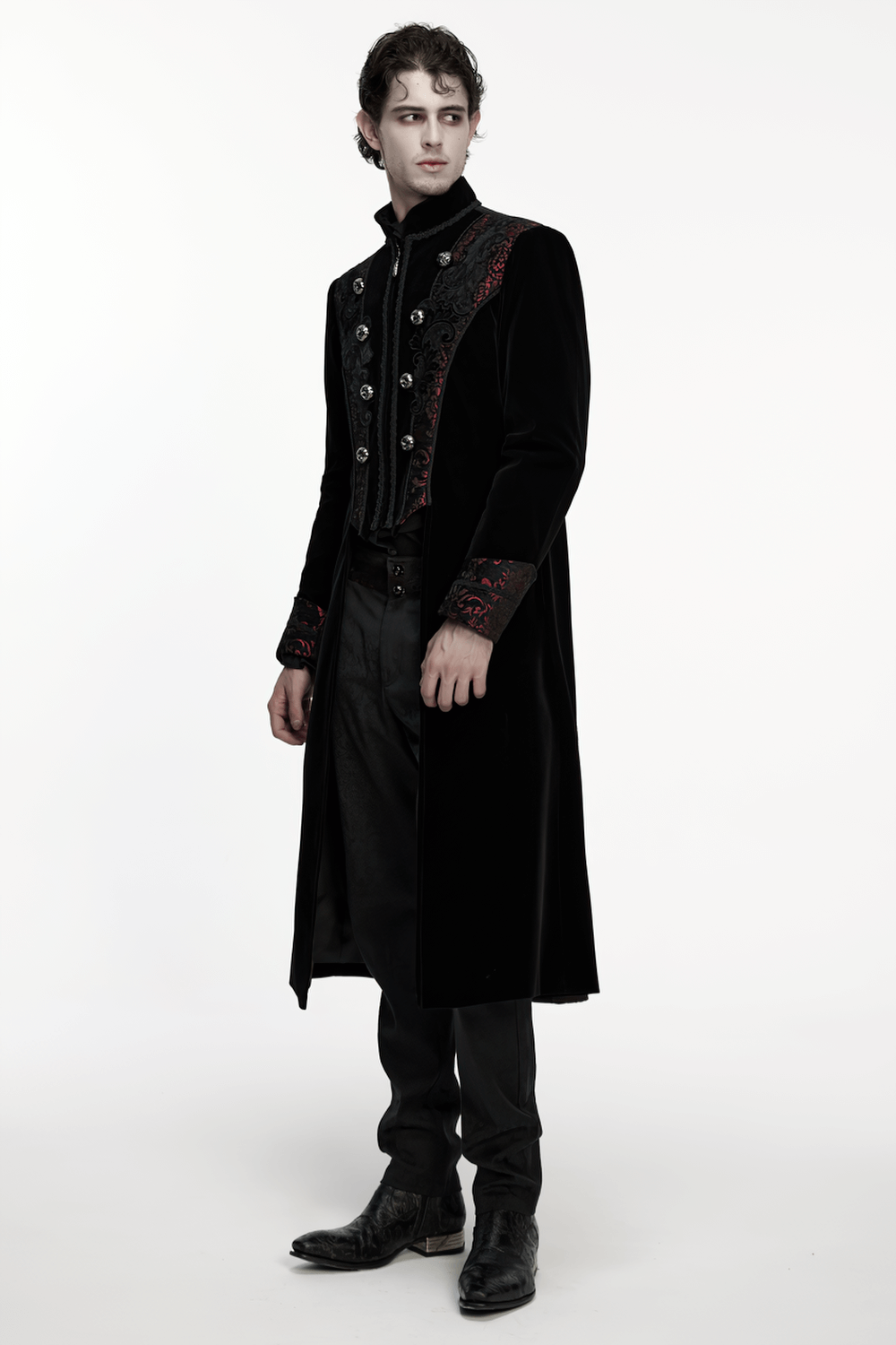 Men's Velvet Long Coat with Gothic Embroidery Details, elegant gothic jacket featuring ornate details and sleek silhouette.