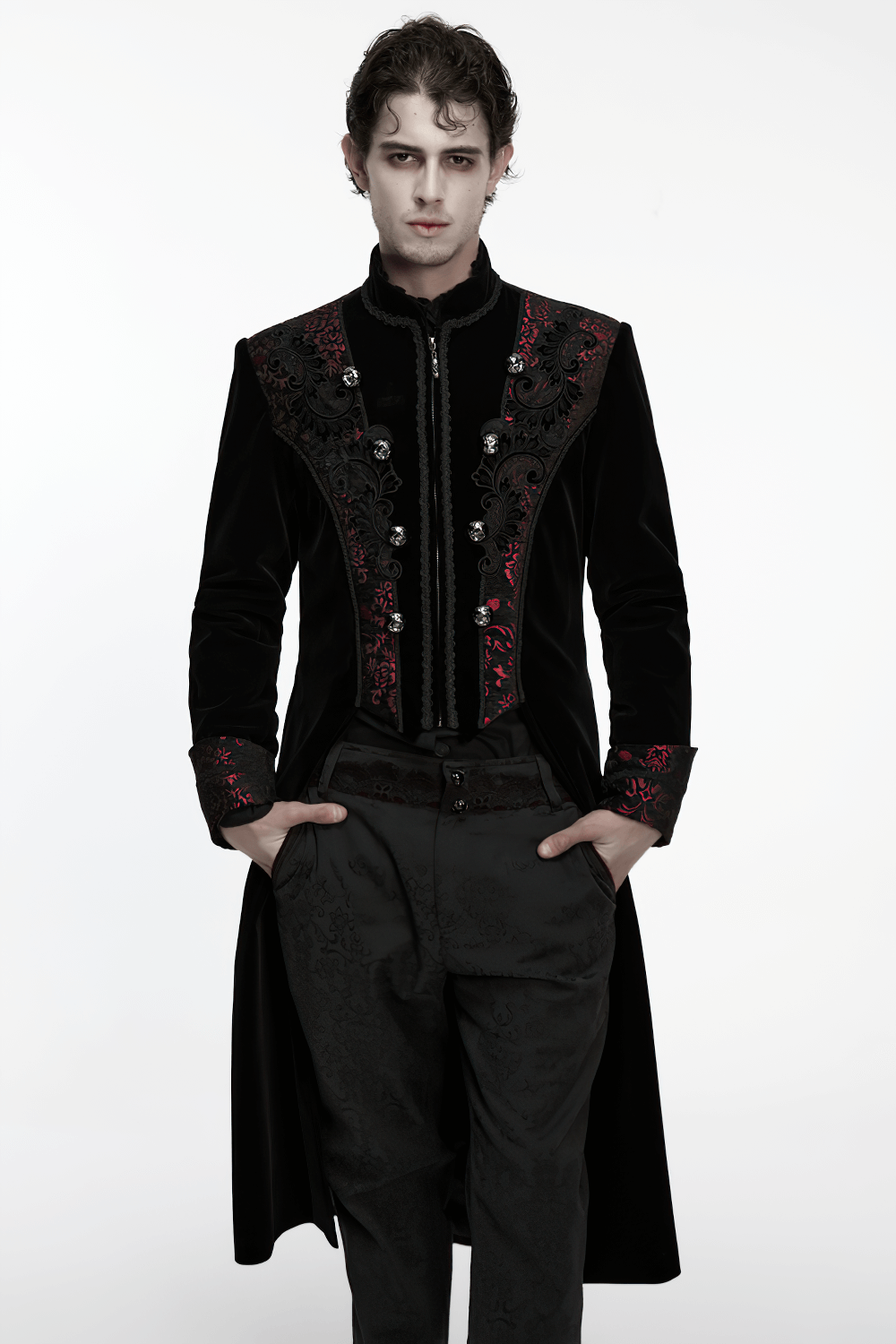 Men's Velvet Long Coat with Gothic Embroidery Details worn by model, showcasing intricate designs and elegant style.