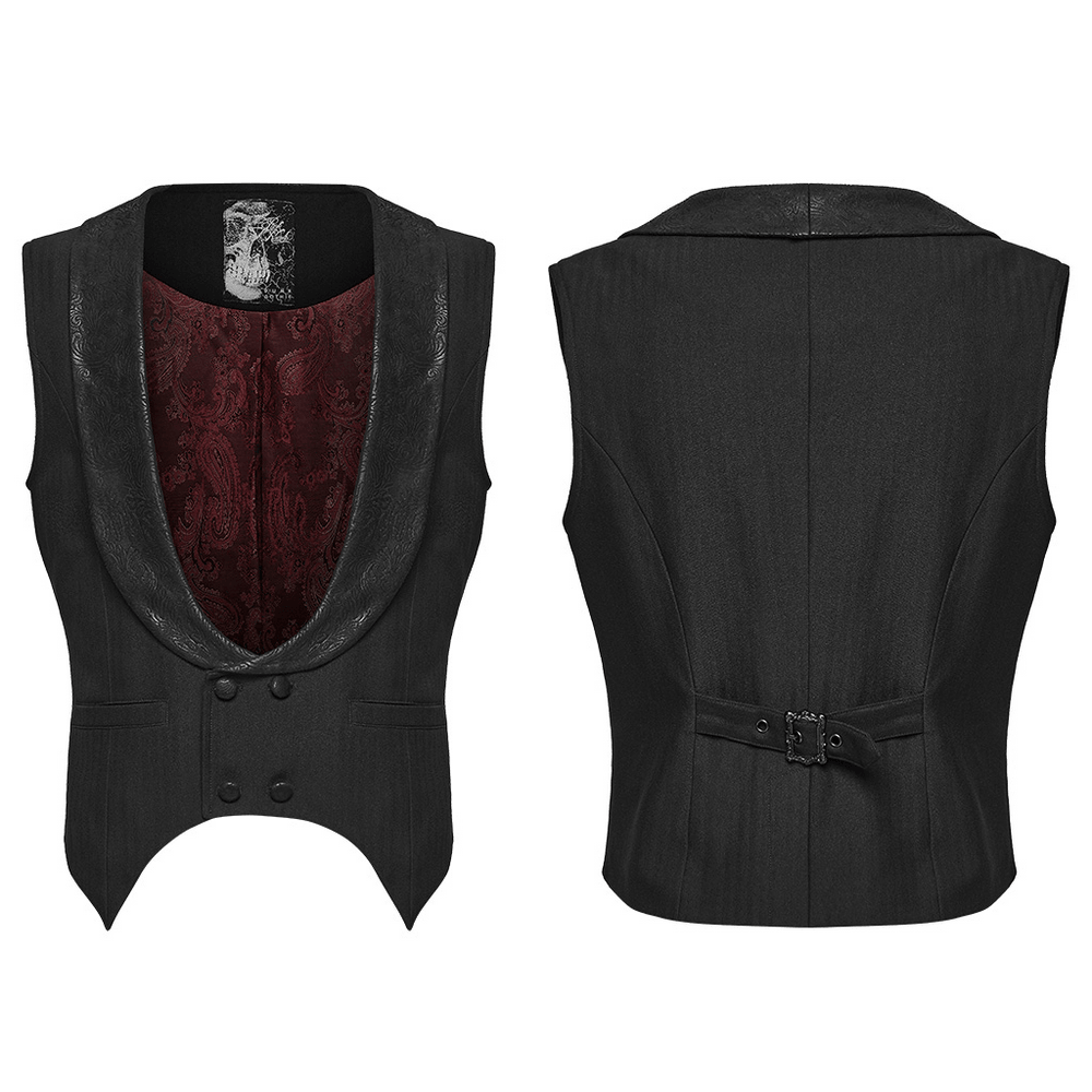 Men's Victorian Gothic Pointed Hem Waistcoat in black, front and back view with embossed lapel and pointed hem