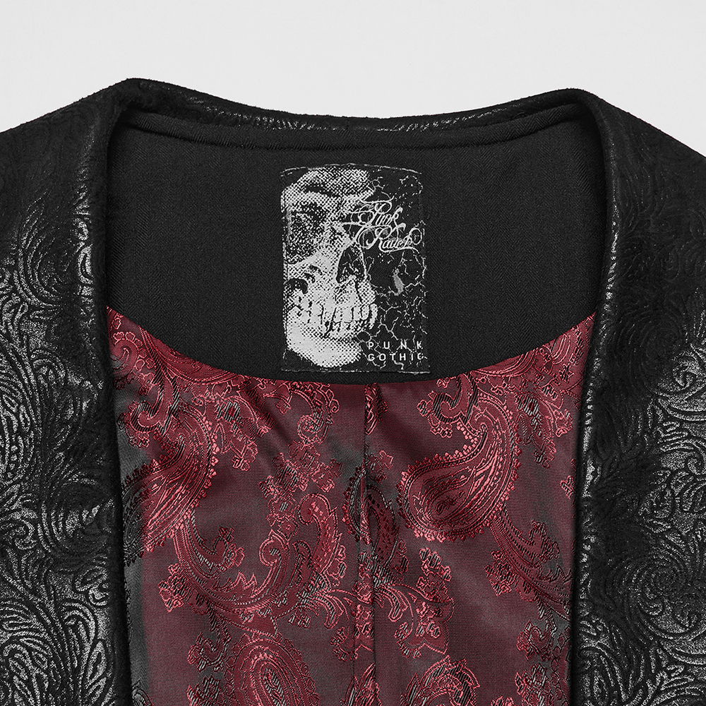 Men's Victorian Gothic Pointed Hem Waistcoat with embossed lapel and red paisley lining, dark formal style