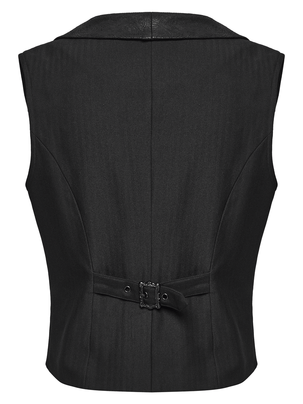 Men's Victorian Gothic Pointed Hem Waistcoat, black tailored back view with adjustable strap and embossed collar
