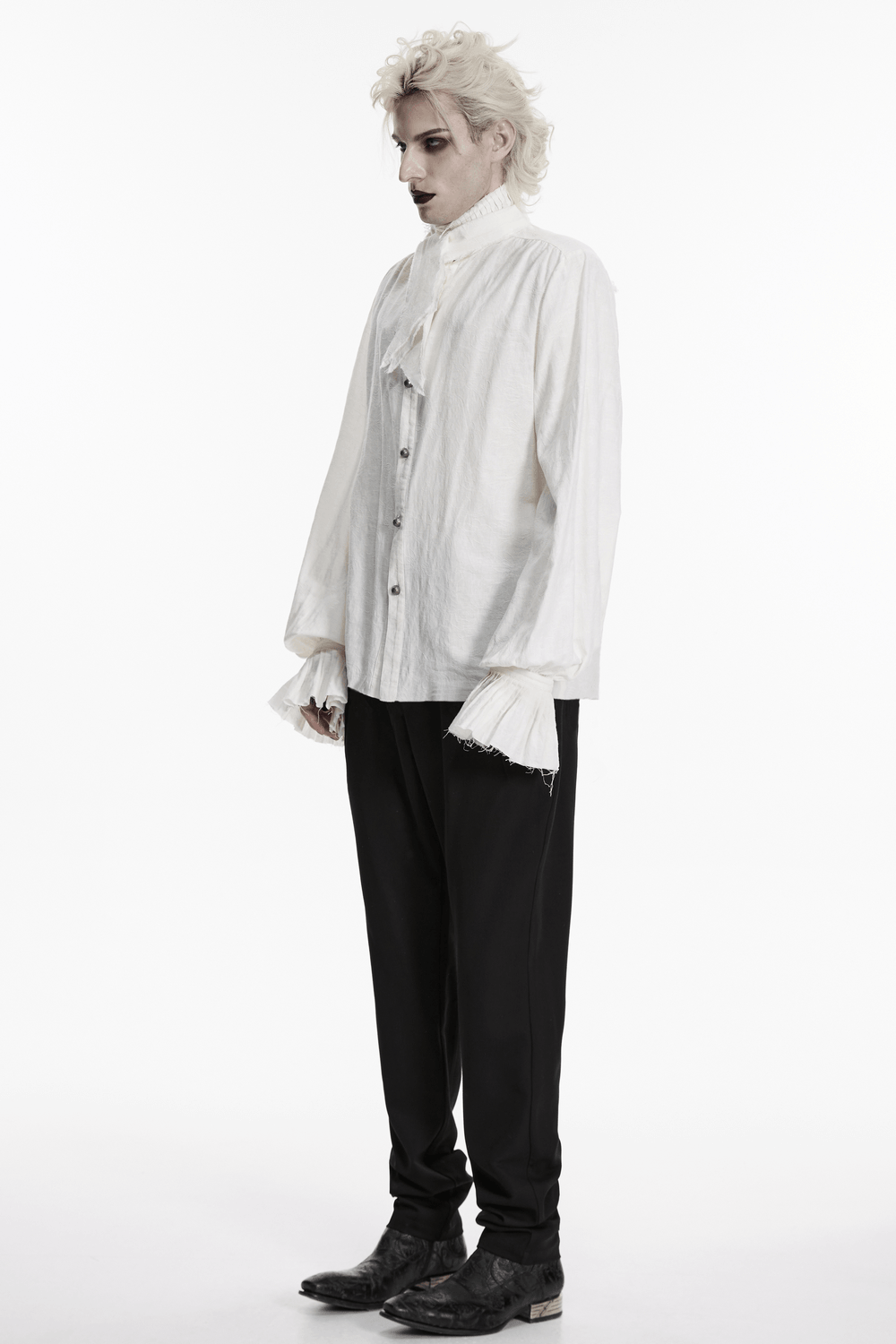 Men's Victorian Linen Jacquard Gothic Poet Shirt worn by model with frill cuffs and detachable tie, exuding vintage elegance.