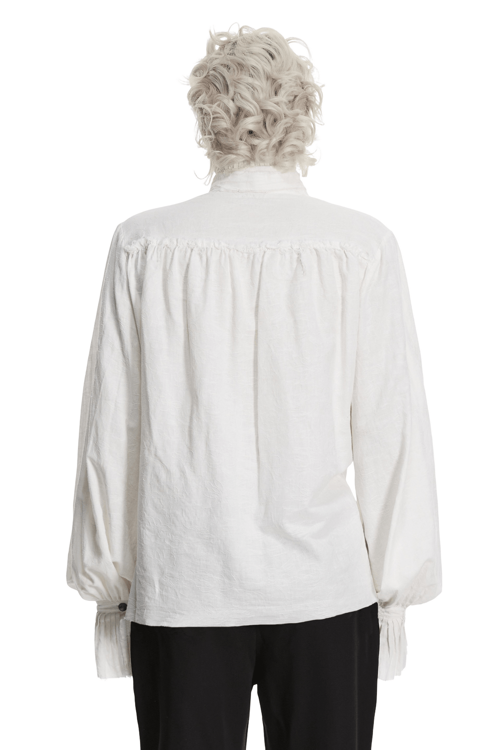 Men's Victorian Linen Jacquard Gothic Poet Shirt, showcasing the elegant back view with bishop sleeves and frill detail.