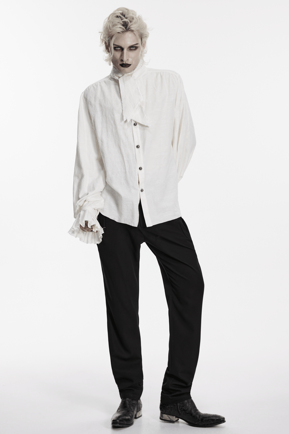 Men's Victorian Linen Jacquard Gothic Poet Shirt worn by a model with dramatic makeup and styled hair.