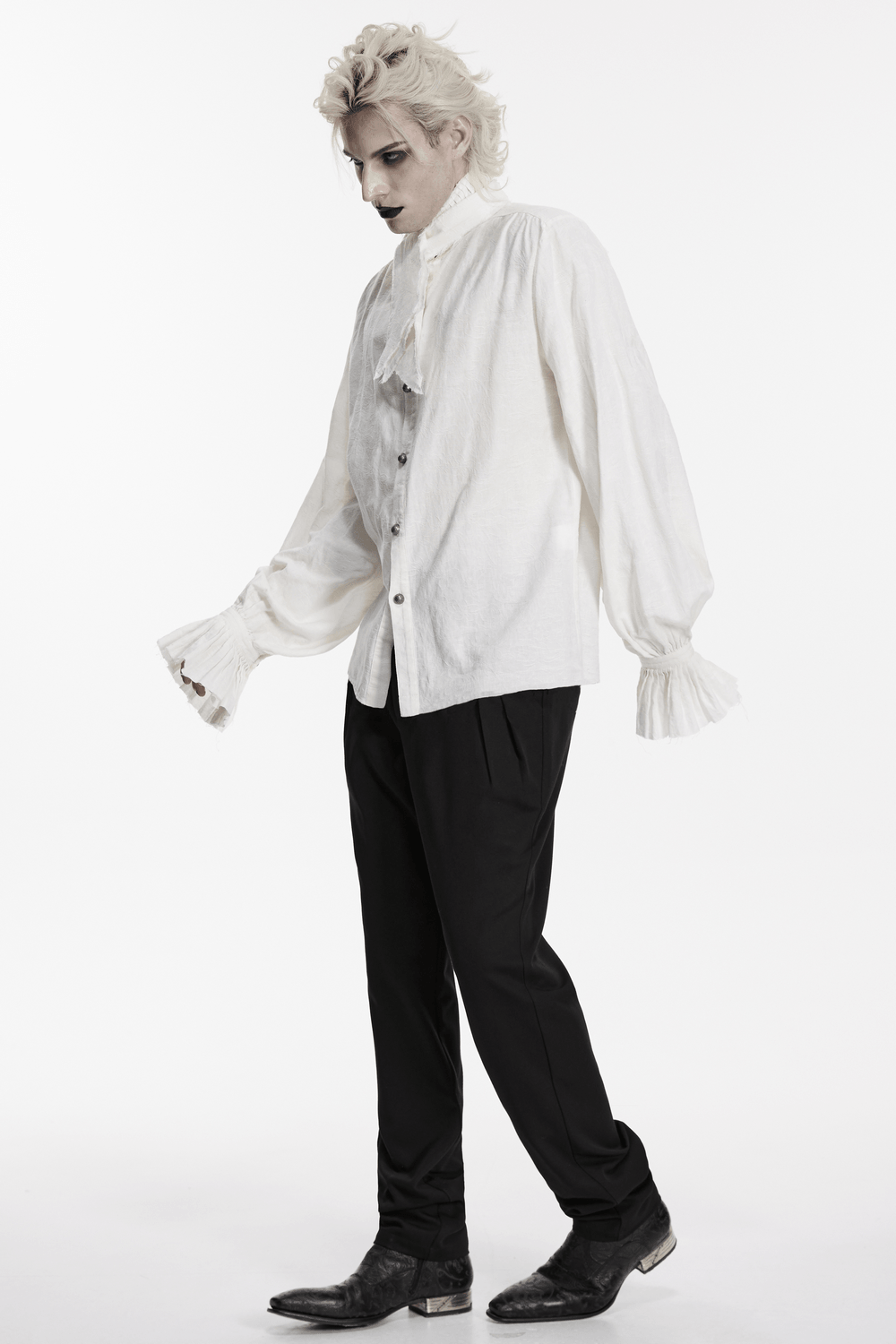 Men's Victorian Linen Jacquard Gothic Poet Shirt worn by a model with dramatic styling and voluminous sleeves.
