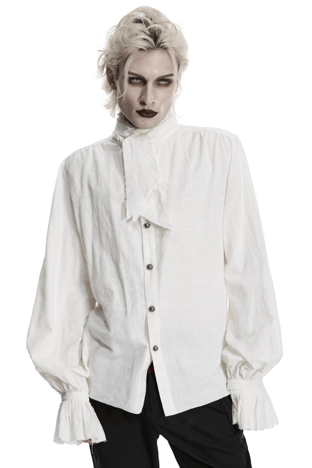 Men's Victorian Linen Jacquard Gothic Poet Shirt with ruffled cuffs and detachable neck tie.