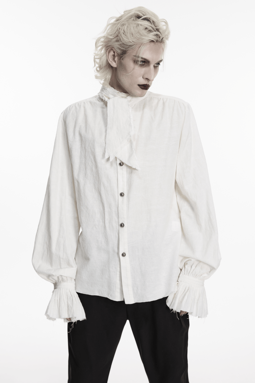 Men's Victorian Linen Jacquard Gothic Poet Shirt featuring ruffled cuffs and detachable tie.