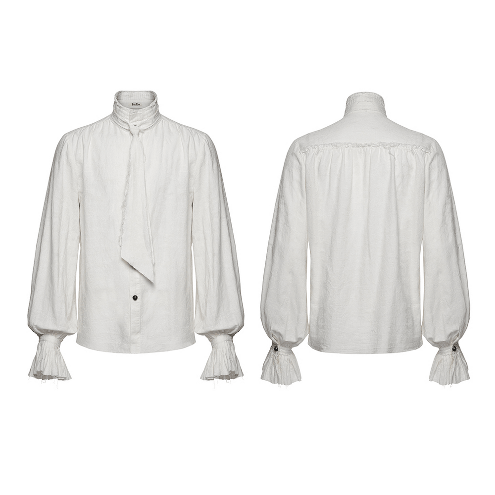 Men's Victorian Linen Jacquard Gothic Poet Shirt showcasing a white design with bishop sleeves and frill cuffs.