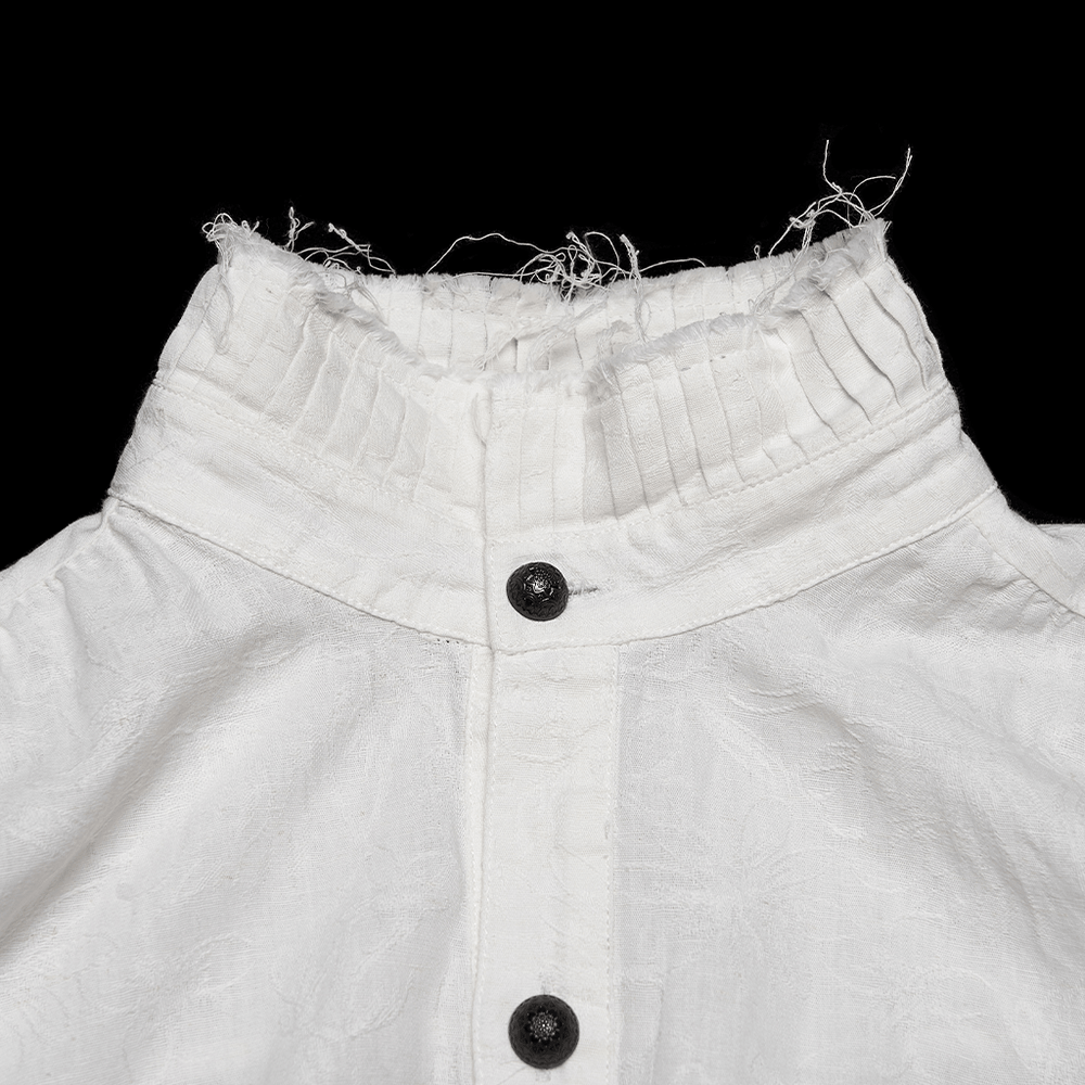 Men's Victorian Linen Jacquard Gothic Poet Shirt collar detail with frill and button, showcasing vintage elegance.