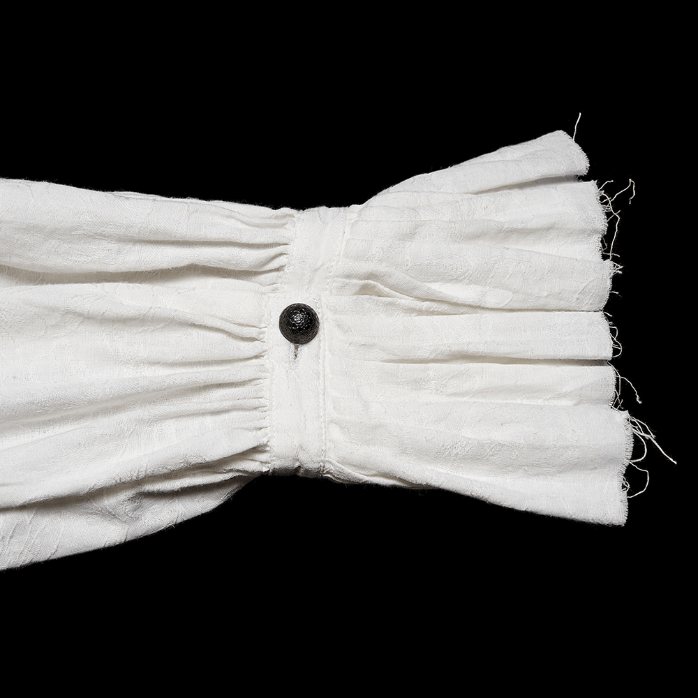 Men's Victorian Linen Jacquard Gothic Poet Shirt, featuring ruffled cuffs and a unique button detail.