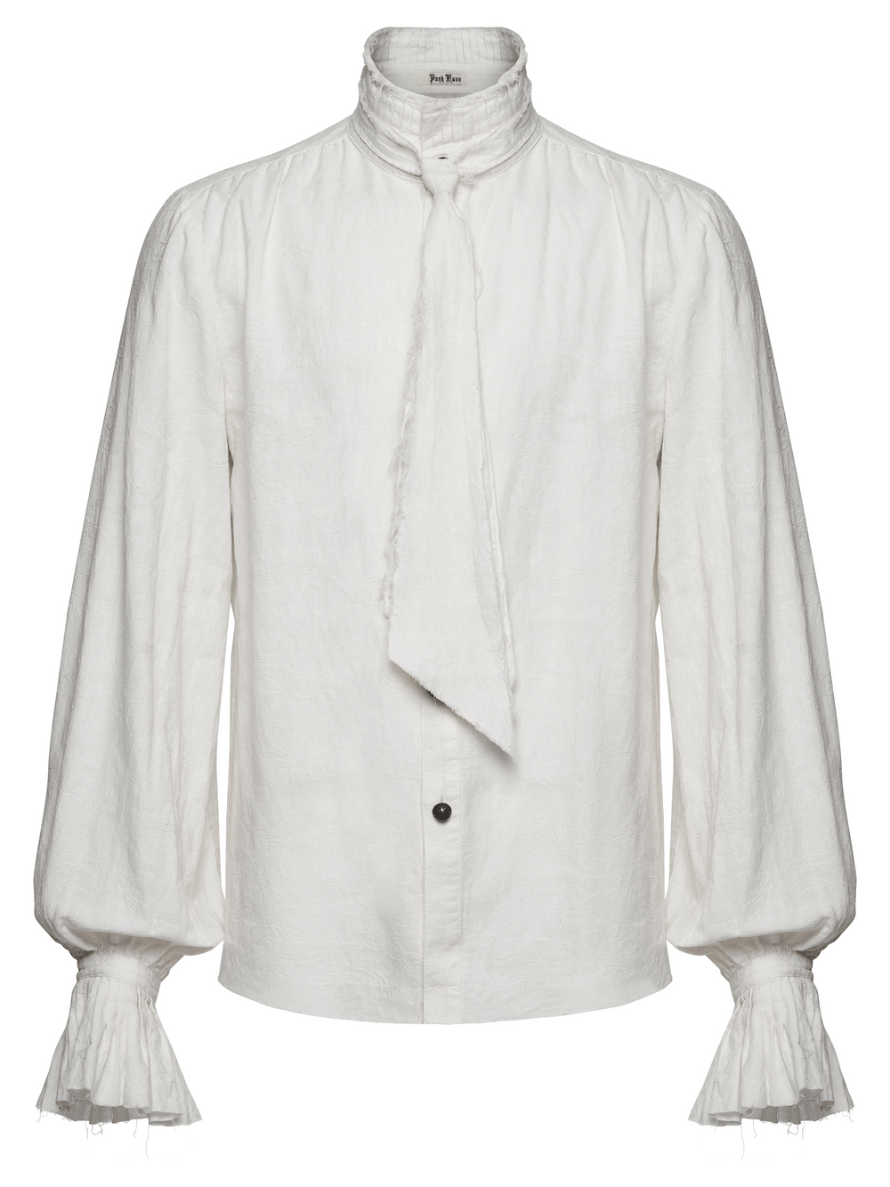 Men's Victorian Linen Jacquard Gothic Poet Shirt with detachable tie and frill cuffs in white linen fabric.