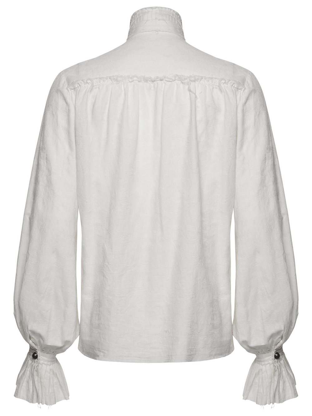 Men's Victorian Linen Jacquard Gothic Poet Shirt - Back view showcasing frill cuffs and bishop sleeves.