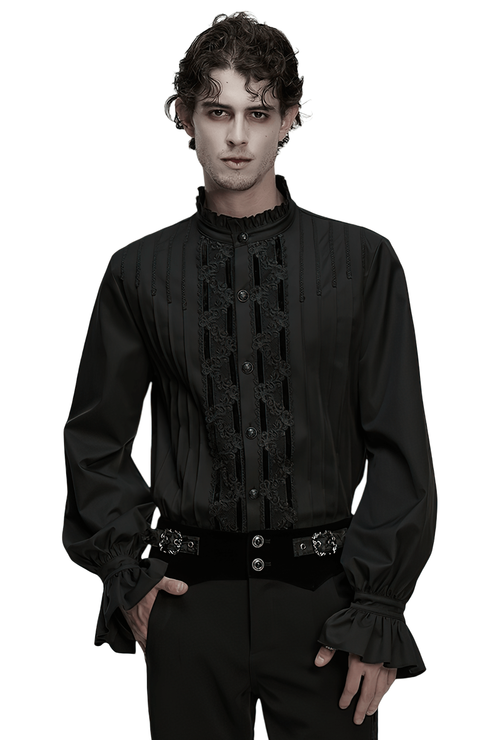 Men's Victorian Long Sleeve Shirt with Lace Details worn by a model, showcasing 3D pleats and dark retro style.