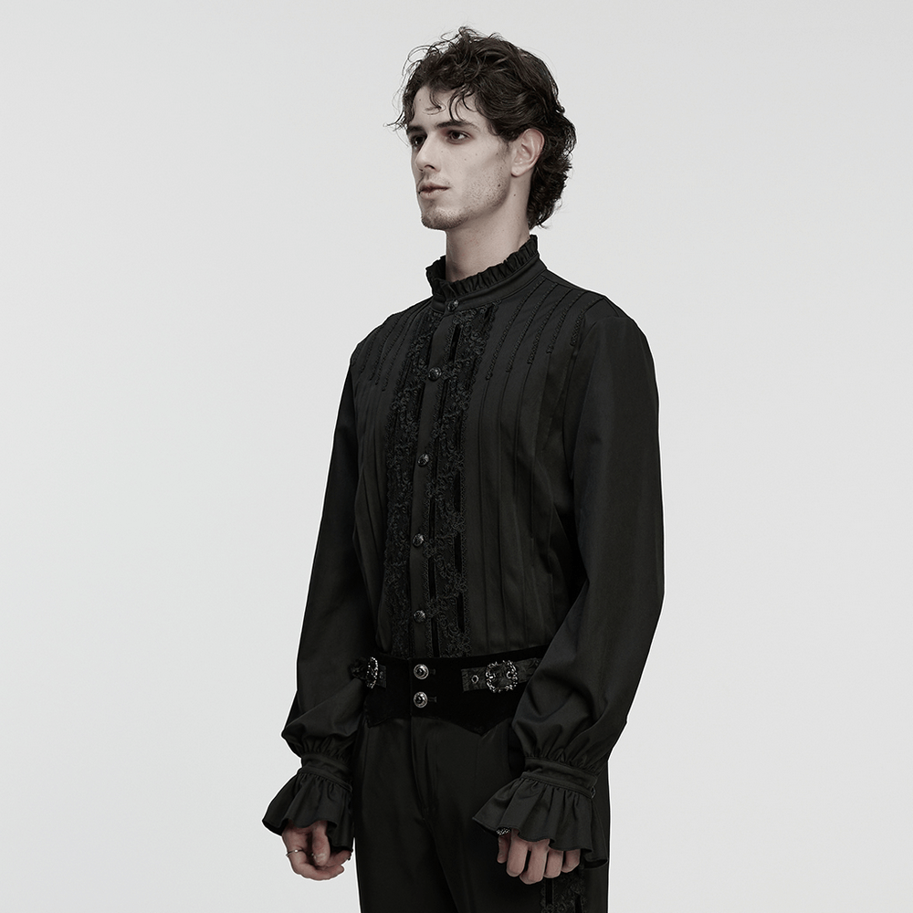 Men's Victorian Long Sleeve Shirt with Lace Details - Gothic style with pleated design and lace accents.