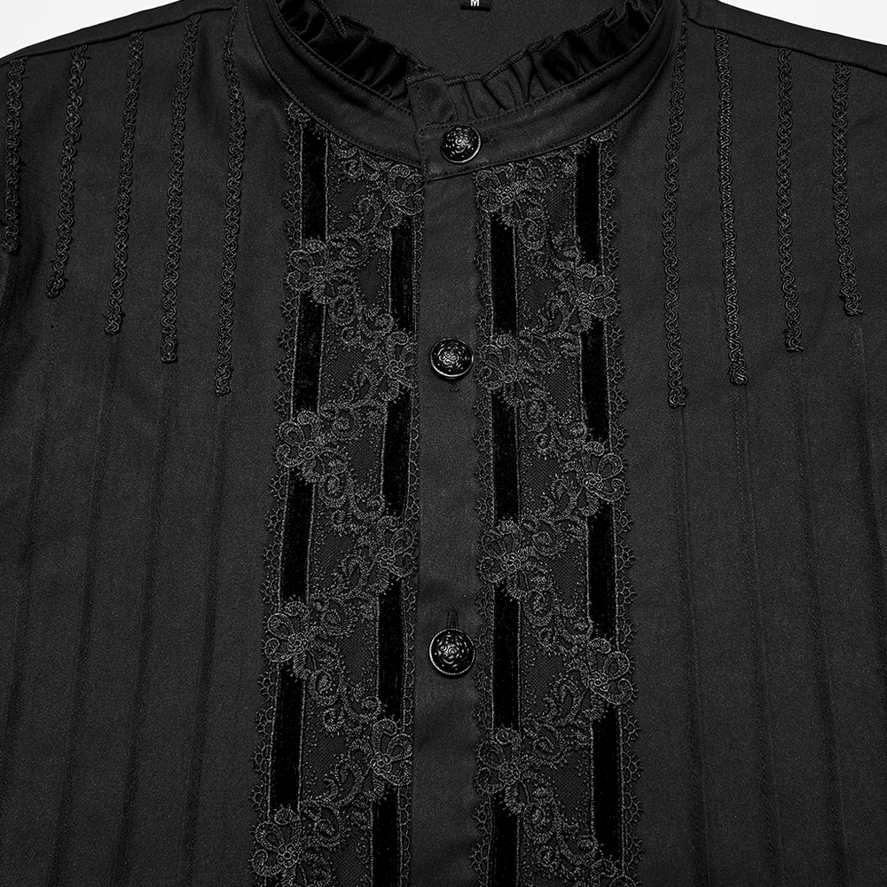 Men's Victorian Long Sleeve Shirt with Lace Details featuring dark pleated fabric and elaborate lace accents.