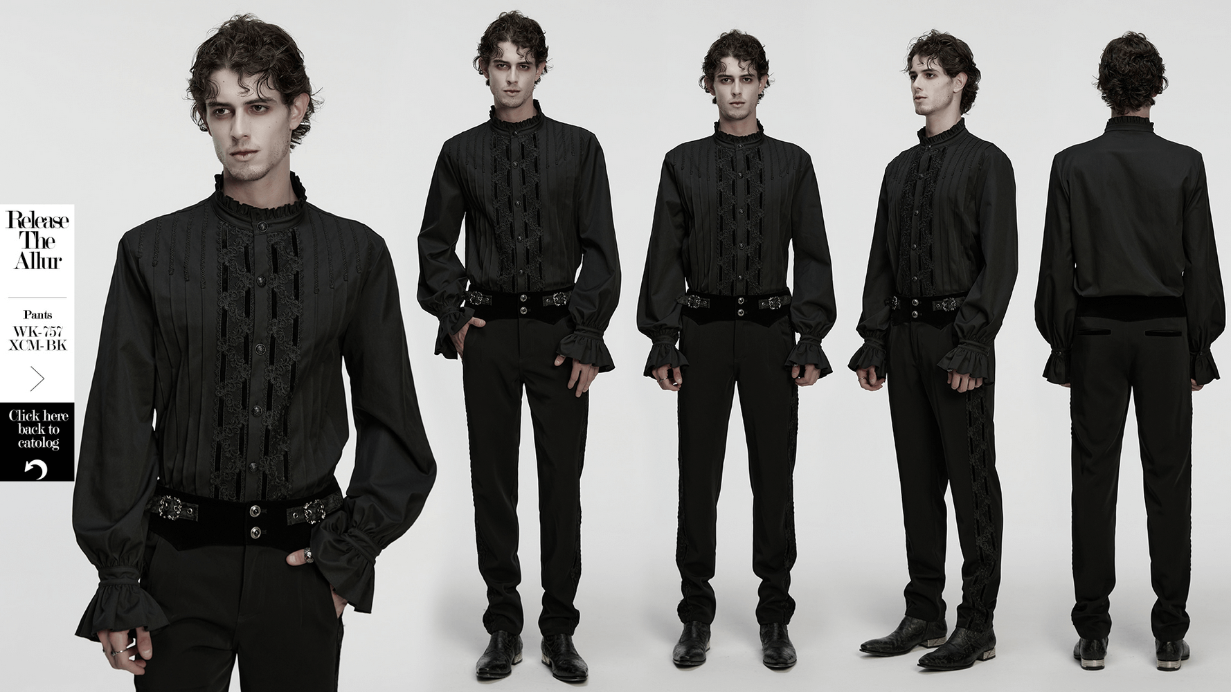 Men's Victorian Long Sleeve Shirt with Lace Details on a model showcasing front and back views in black.