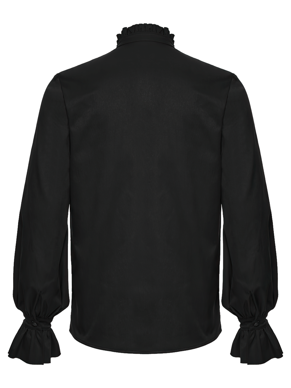 Men's Victorian Long Sleeve Shirt with Lace Details black back view showing ruffled collar and puffed sleeves.