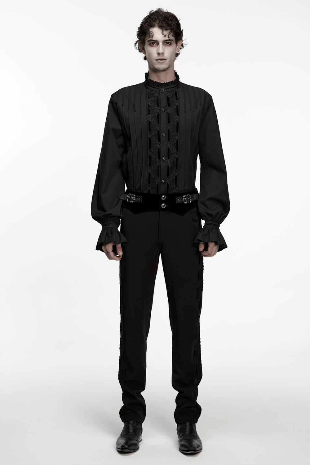 Men's Victorian Long Sleeve Shirt with Lace Details shown on model in dark attire with 3D pleated design.
