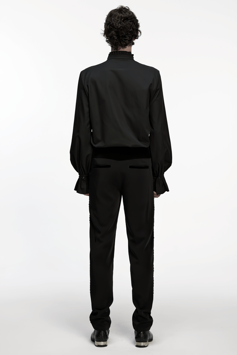 Men's Victorian Long Sleeve Shirt with Lace Details, black gothic shirt, stylish back view, men's fashion outfit.