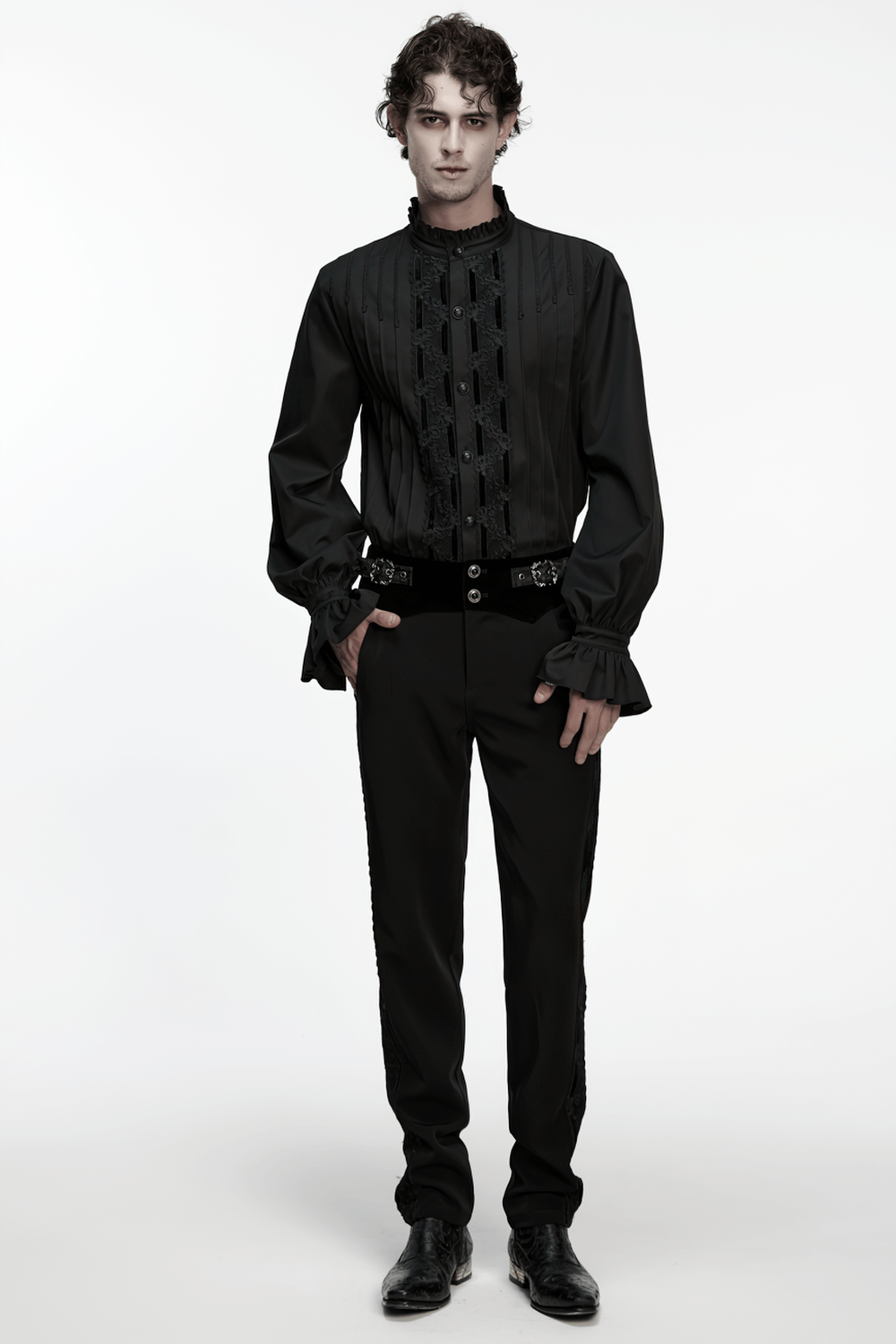 Men's Victorian Long Sleeve Shirt with Lace Details in black, featuring 3D pleats and gothic styling.