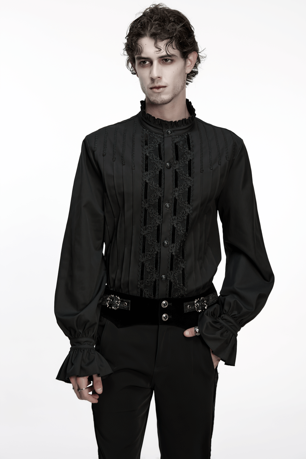 Men's Victorian Long Sleeve Shirt with Lace Details in black, featuring gothic design, 3D pleating, and lace embellishments.