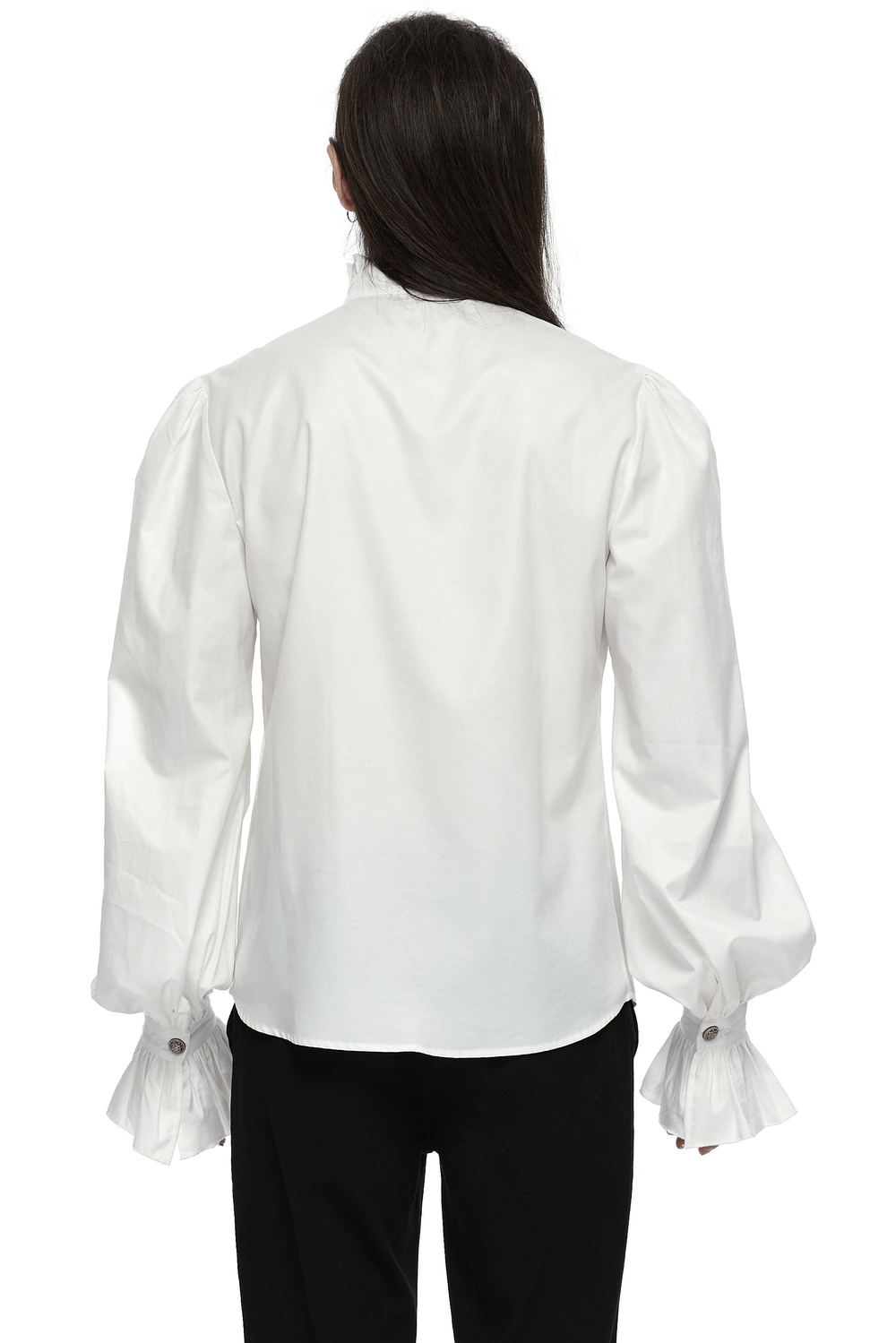 Back view of a men's Victorian shirt with ruffle collar and bubble sleeves in crisp white fabric.