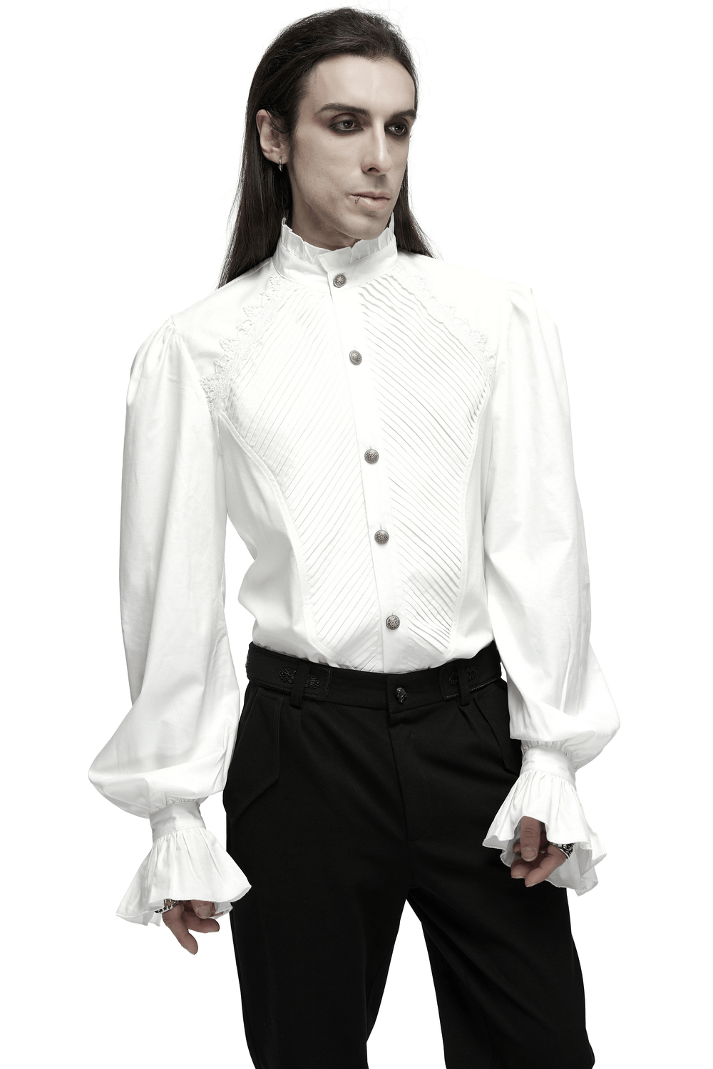 Men's retro Victorian shirt with ruffle collar, bubble sleeves, and pleated front for gothic style looks.