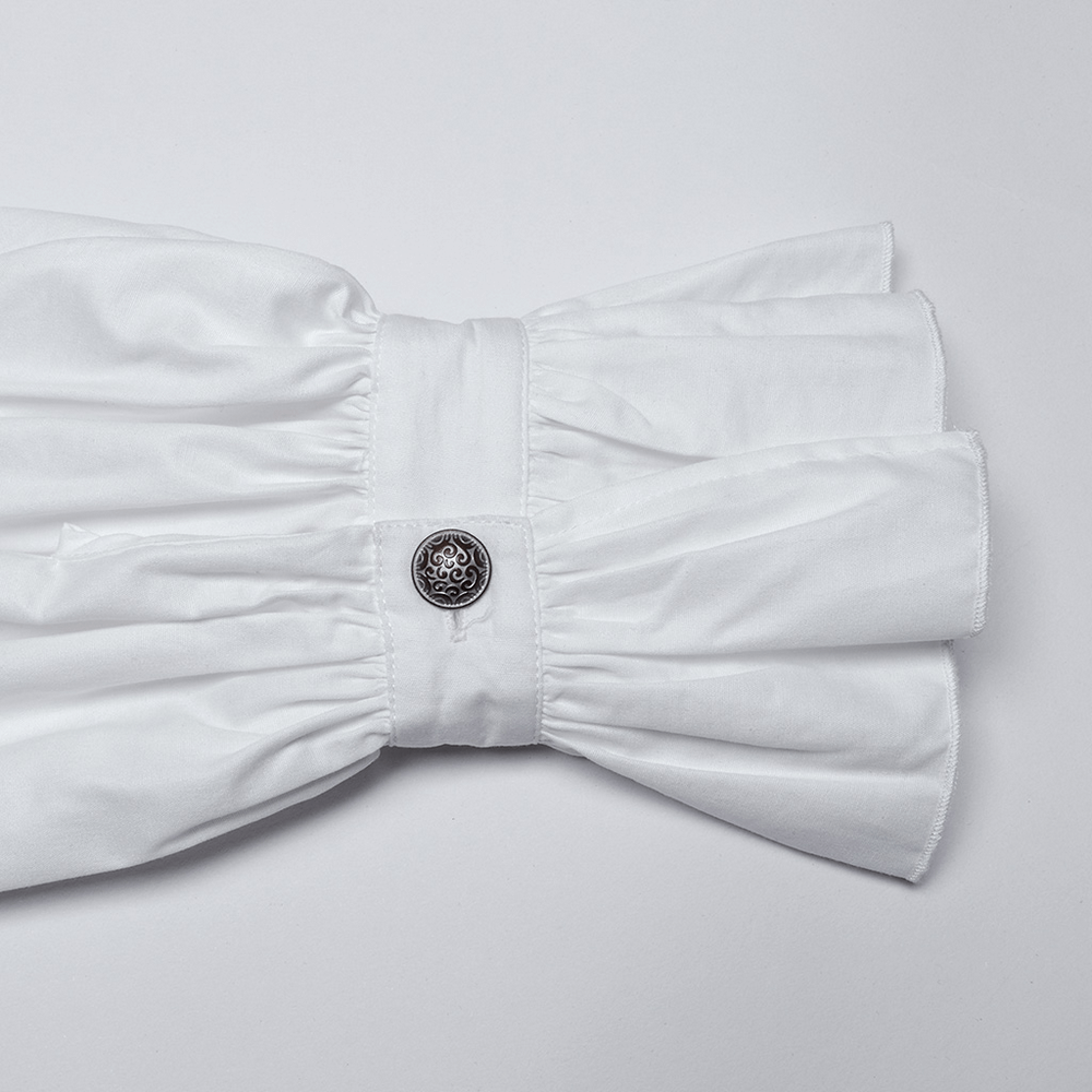 Close-up of the ruffle collar and button detail on a white Victorian shirt showcasing its unique bubble sleeves.