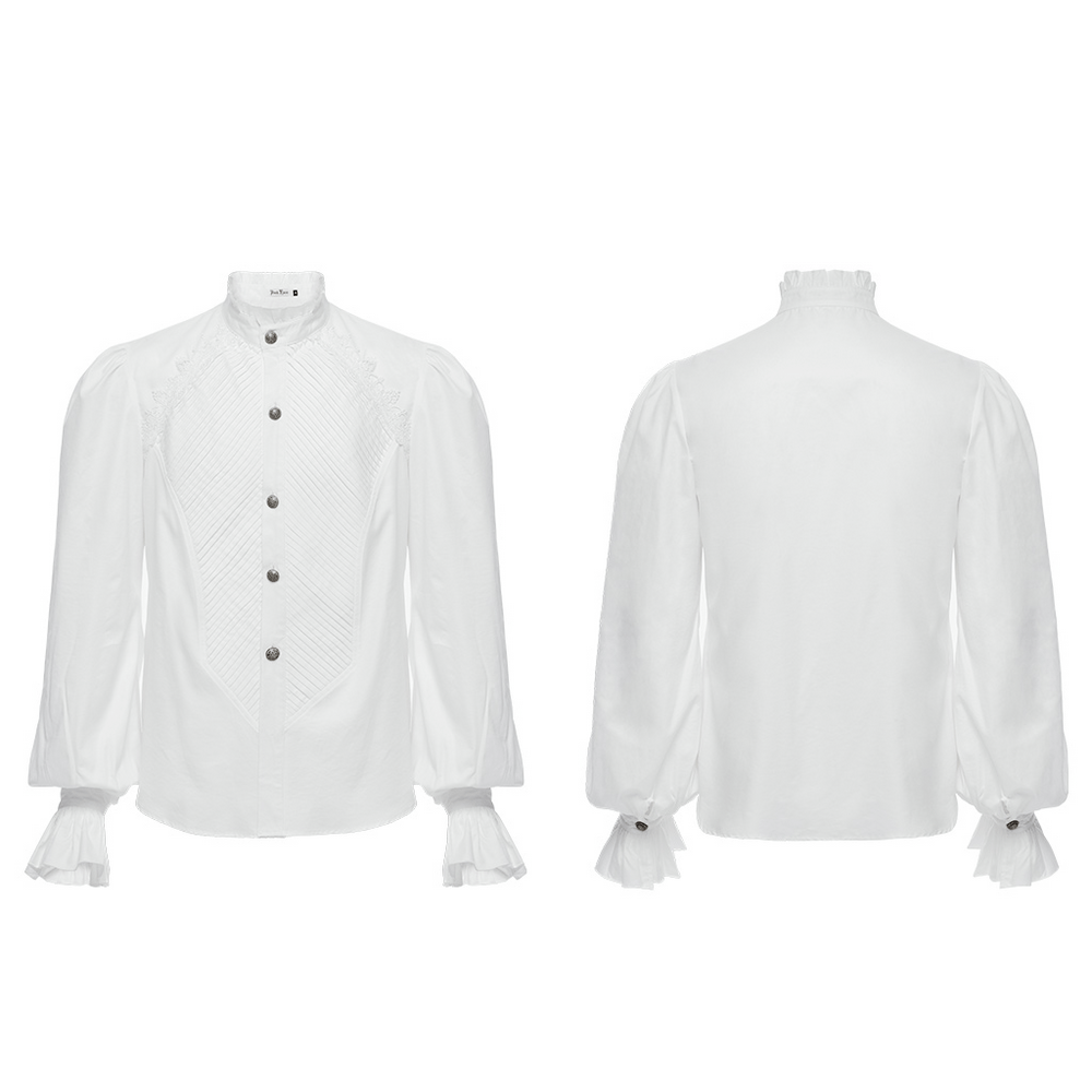 Men's Victorian shirt in white with ruffle collar and bubble sleeves, featuring pleats and button details, front and back view.