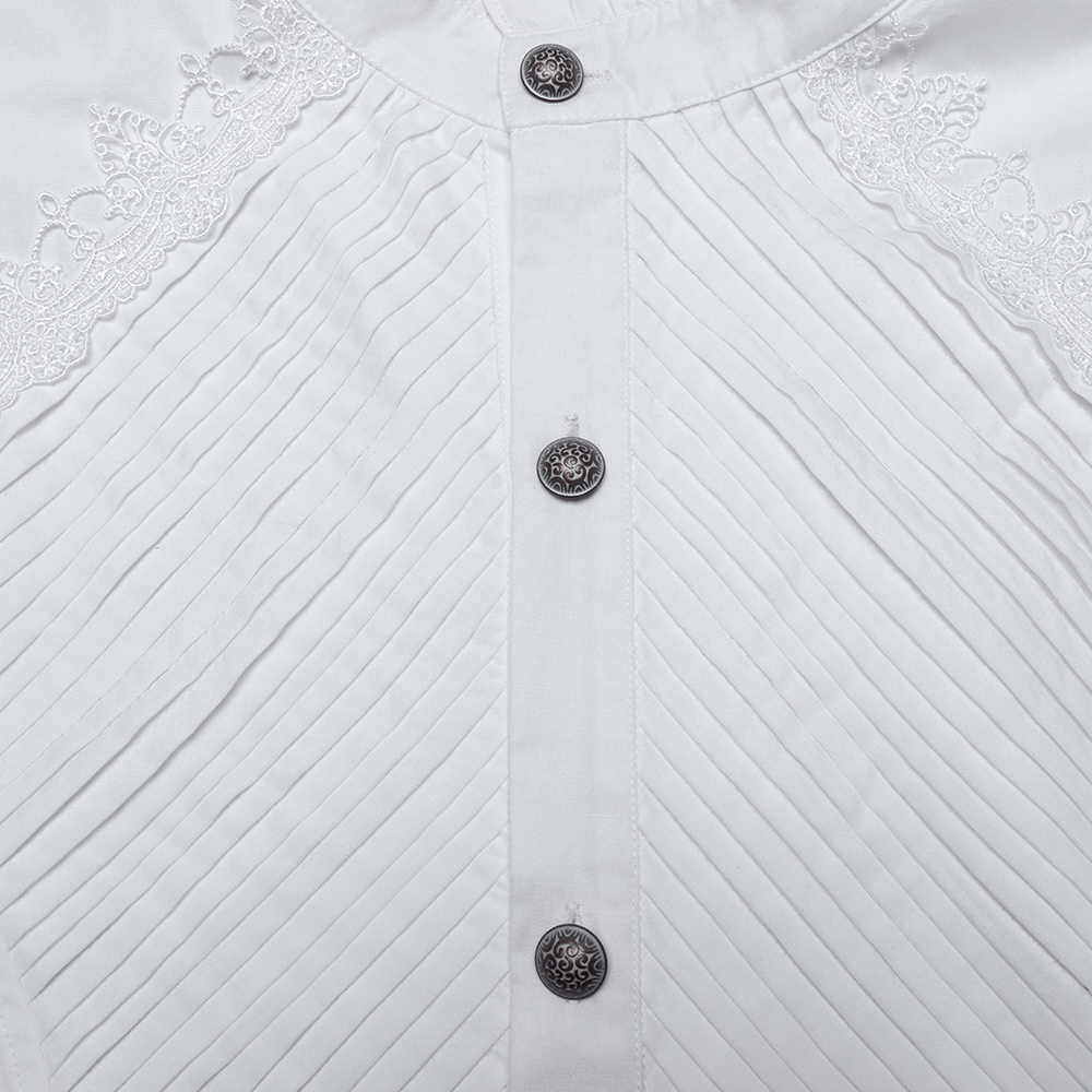 Close-up of a white men's Victorian shirt featuring pleats, a stand-up collar, ruffled edges, and decorative buttons.