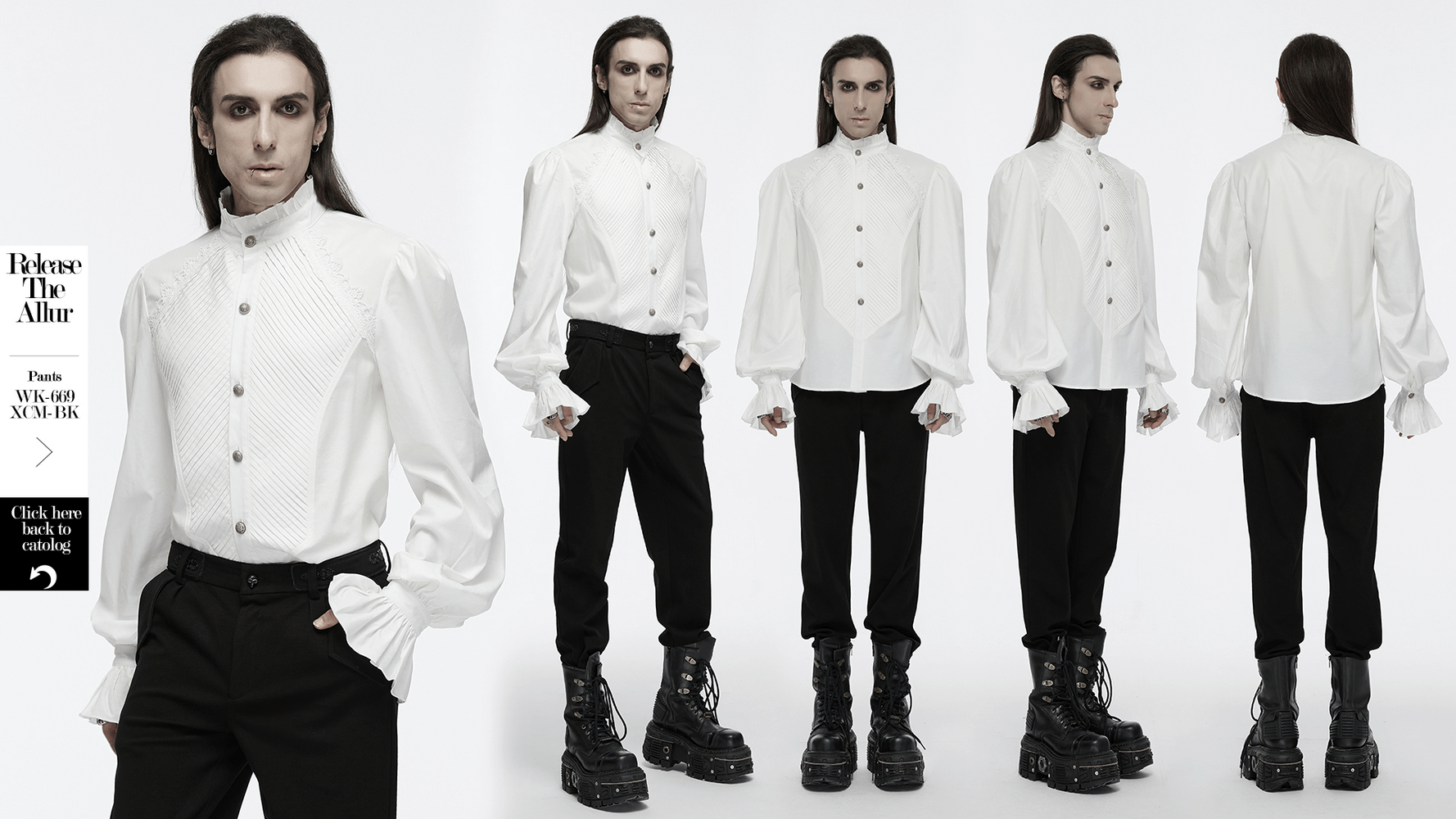 Men's Victorian shirt with ruffle collar and bubble sleeves, showcasing gothic retro style and unique pleated design.