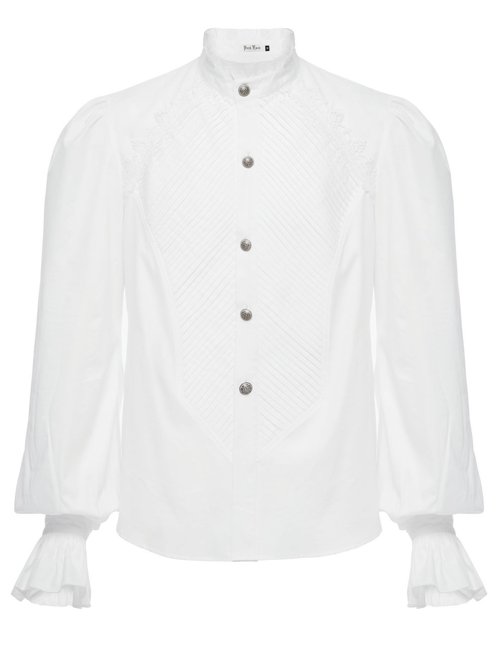 Men's Victorian shirt with ruffle collar, bubble sleeves, and pleated design, perfect for gothic and retro styles.